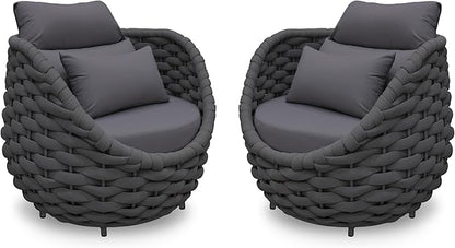 2 PCS Front Porch Accent Chair: Aluminum Woven Rope Armchair Assembled - Cushioned Patio Single Chair w/Arms Modern - All Weather Balcony Furniture for 400lbs Outdoor Yard Deck Hotel, Dark Gray