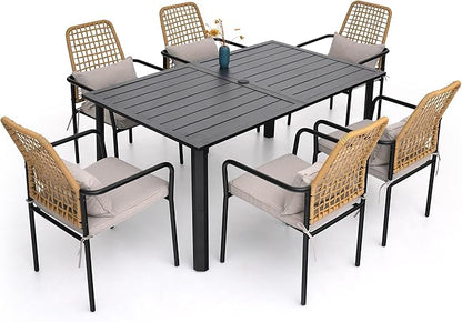 7-Piece Patio Dining Set, 6 Wicker Stacker Rattan Chairs with Gray Cushions ＆ 63'' Rectangular Table All Weahter Frame Furniture Set