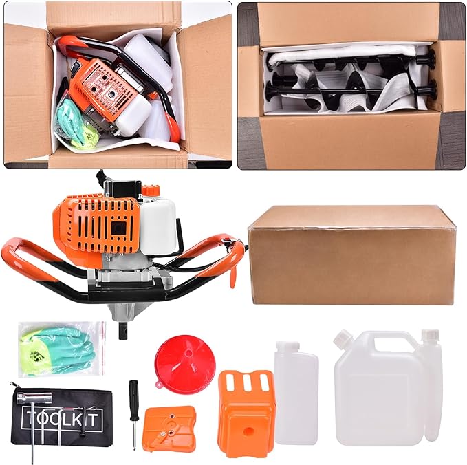 Post Hole Digger,72CC Auger Post Hole Digger Gas Powered Auger with 3 Earth Drill Bits 4" & 8" & 12", 3 Extension Rods for Fence Garden Farm Plant,EPA Certification