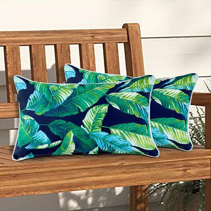 Magpie Fabrics Patio Lumbar Pillow Covers ONLY 20"x12", Set of 2, Outdoor Indoor Cushion Cases Decorative Throw Rectangular Pillowcase Shell for Couch Garden - Green Lagoon Leaves