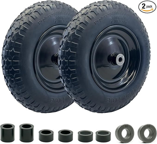 2-Pack of 3.50-8 Wheels,14.5" Flat Free Tires,Steel Rim,5/8" or 3/4"Axle Bore Hole,3”-6" Centered Hub,13"-16" Universal Fit Tire for Wheelbarrow,Hand Truck,Garden and Utility Carts, Trolleys and More