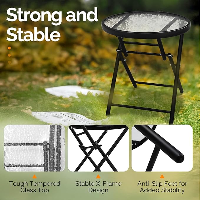 VINGLI Folding Glass Outdoor Side Table, 18 Inches Small Foldable Patio Bistro Table with Tempered Glass Table Top for Lawn & Garden, Balcony, Porch and Pool, Round