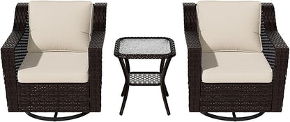 Vista Vibe 3 Pieces Outdoor Patio Conversation Furniture Set - 360 Degree Swivel Glider Rocker Chairs | Wicker End Table, Washable Cushions, Hand-Woven PE Rattan, Lawn, Sunroom (Brown/Beige)