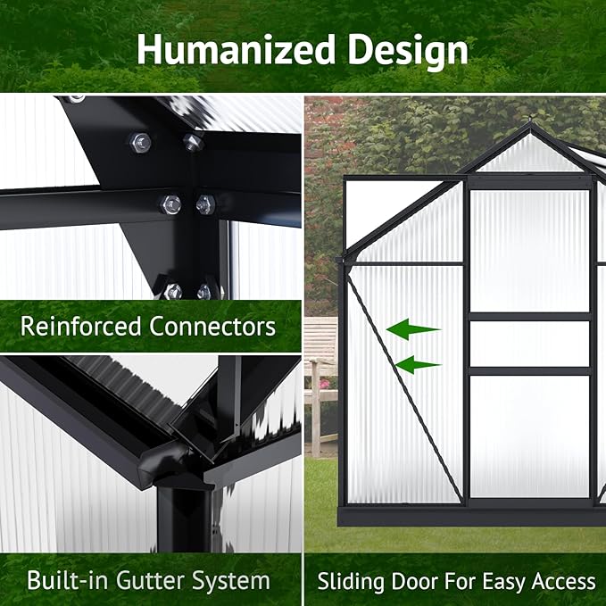 10x6ft Polycarbonate Greenhouse, Heavy Duty Walk-in Aluminum Greenhouse for Outdoors, Plants Backyard，with Ventilation Window, Rain Gutter, Sliding Door Black