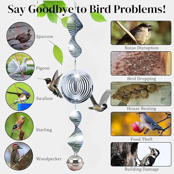 Stainless Steel Wind Spinner with Bells,Visual & Sound Bird Scarer to Keep Woodpeckers, Pigeons Away, Garden Decor for Yard, Patio, Farm Protection