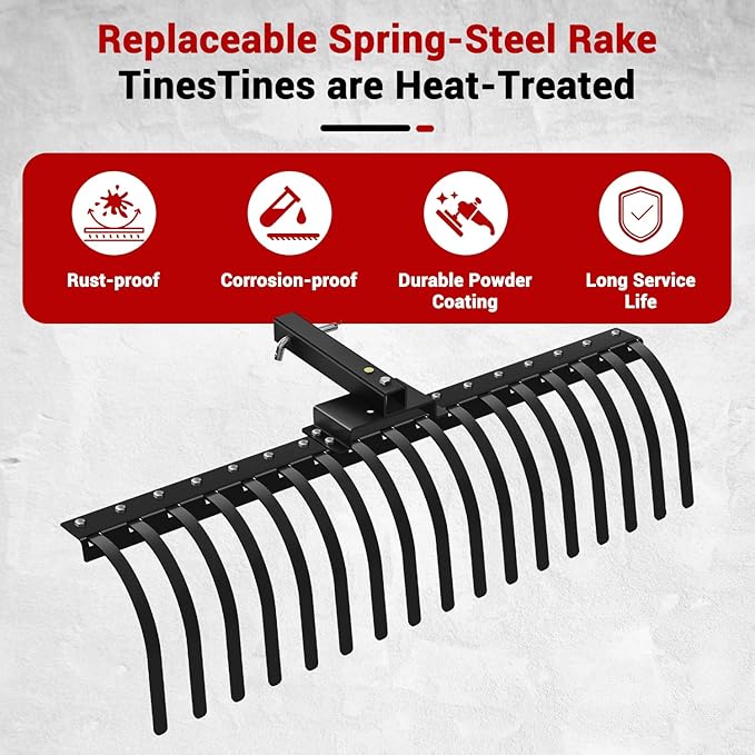 48" Durable Tow Behind Landscape Rake Tractors Rake Fits 2" Receiver for Lawn Tractors or ATV/UTV，Black