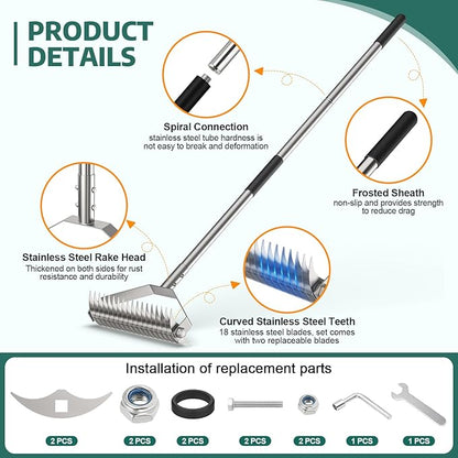 Thatch Rakes for Lawns,14.2-Inch Thatching Rake,304 Stainless Steel Dethatcher Rake with Adjustable Handle and 2 Extra Replaceable Blades,Heavy Duty Rakes for Cleaning Dead Grass and Loosening Soil