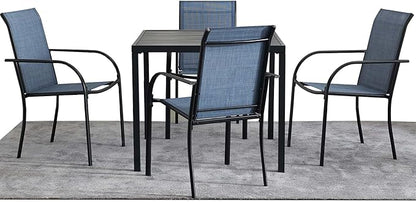 5 Pieces Round Dining Table Set for 4, Patio Dining Set Includes 4 Blue Stackable Patio Chairs and 1 Black Square Table, Patio Furniture Sets with Sling Support for Outside, Garden