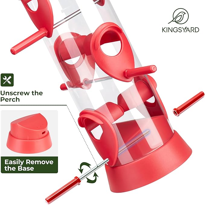 Kingsyard 6 Ports Tube Bird Feeder for Outdoors Hanging, Removable Base and Perch, Easy to Clean & Refill, Premium Hard Plastic, Attracting for Finches Cardinals Bluebirds (Red)