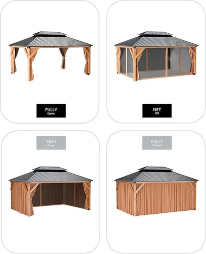 GAOMON Hardtop Spruce Wood Gazebo 10'x12', with Double Roof of Metal Sheets, 4.7'' Heavy Duty Poles, Net, and Curtain, Permanent Building for Patio, Deck, Backyard, Lawn, and Garden, Khaki