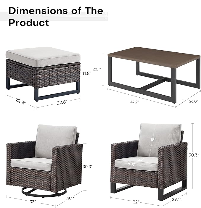 Wicker Patio Furniture Set：7 Piece Outdoor Patio Furniture Set with 2 Swivel Patio Chairs 2 Single Chairs a Coffee Table and 2 Ottomans, Brown Wicker/Beige Cushion