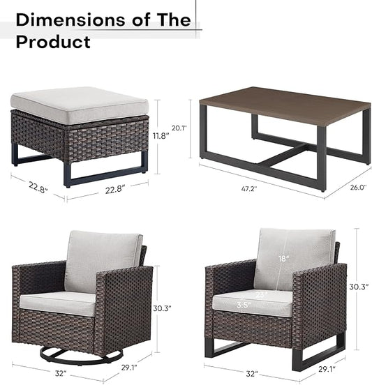 Wicker Patio Furniture Set：7 Piece Outdoor Patio Furniture Set with 2 Swivel Patio Chairs 2 Single Chairs a Coffee Table and 2 Ottomans, Brown Wicker/Beige Cushion