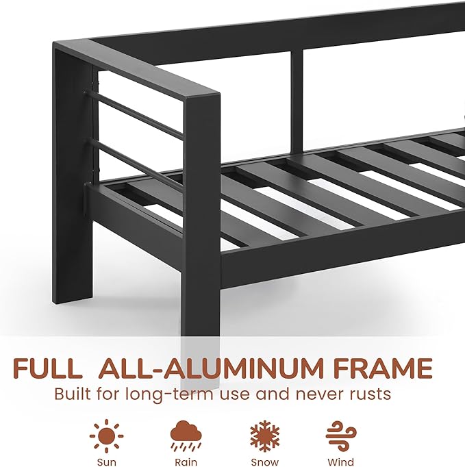 Solaste Outdoor Aluminum Furniture Set - 4 Pieces Patio Sectional Chat Sofa Conversation Set with Table,Black Frame and Grey Cushion