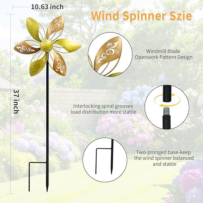 Wind Spinners Outdoor Metal, 10.63" W*37" H Pinwheels for Yard and Garden Decor, Kinetic Wind Sculpture Spinner (Gold Ornate Laser-Cut Floral)