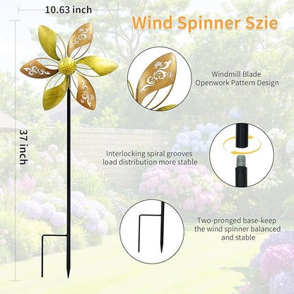 Wind Spinners Outdoor Metal, 10.63" W*37" H Pinwheels for Yard and Garden Decor, Kinetic Wind Sculpture Spinner (Gold Ornate Laser-Cut Floral)