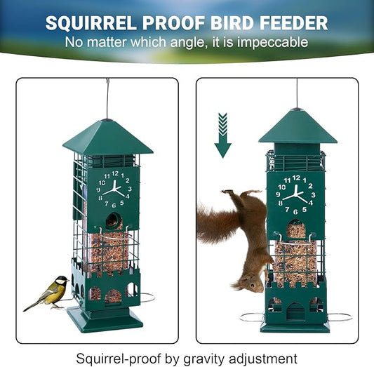 Squirrel Proof Bird Feeders Metal Mesh Anti Squirrels Wild Bird Feeder for Outdoors Hanging Weight Activated Waterproof for Finch Cardinal and Chickadee Easy to Fill, Decor Backyard (Green)