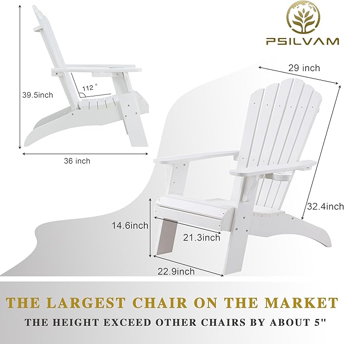 Psilvam Adirondack Chair, Oversized Poly Lumber Fire Pit Chair with Cup Holder, 350Lbs Support Patio Chairs for Garden, Weather Resistant Outdoors Seating, Relaxing Gift for Father & Mother (4,White)