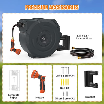 NEOTEC Retractable Garden Hose Reel 5/8 inch x 90ft - Wall Mounted Heavy Duty Hose Reel with 3/4 Inch Brass Fittings & 9-Pattern Nozzle - Auto Rewind System, Any Length Lock, 180° Swivel Bracket