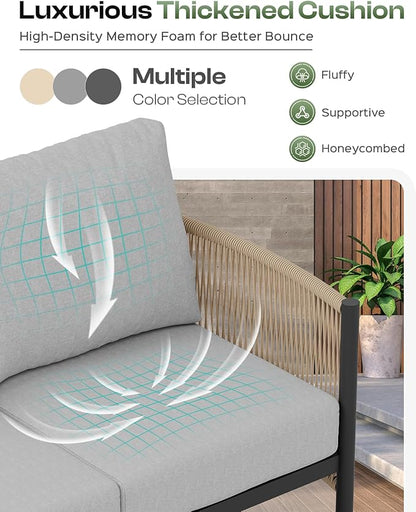 Aluminum Outdoor Patio Furniture Set, HDPE Rope 4 Piece Modern Sectional Conversation Sets with Dual-Layer Coffee Table, All Weather Patio Couch Sets with Thick Cushions, Gray Frame, Gray