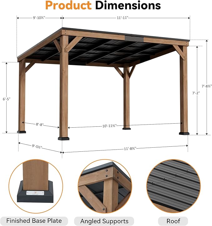 Modern Shade Supreme Cedar Wood Gazebo 10' x 12' with Hardtop Slope Roof, Wooden Grill Gazebo with Durable and Rot-Resistant, Supports Snow Loads and High Wind Speeds, Ideal for Backyard, Deck, Garden