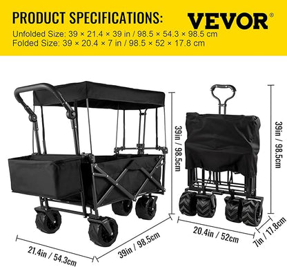 Happbuy Extra Large Collapsible Garden Cart with Removable Canopy, Folding Wagon Utility Carts with Wheels and Rear Storage, Wagon Cart for Garden, Camping, Grocery Cart, Shopping Cart, Black