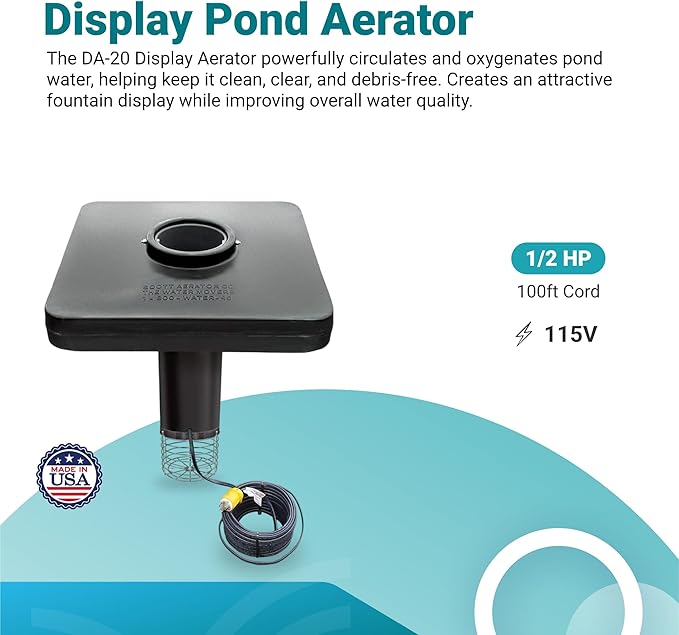 Scott Aerator DA-20 Display Pond Aerator – 1/2 Horse Power 115V 100ft Cord | Aerating Pond Fountain for Large Ponds | Pond Aerator Pump for Small Ponds | Pond Aeration System
