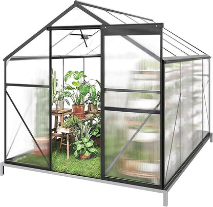 Gizoon 8x6 FT Outdoor Greenhouse, Polycarbonate Walk-in Garden House with Adjustable Roof Vent & Sliding Door, Aluminum Frame Garden Plant House for Backyard, Patio and Gardening (Black)