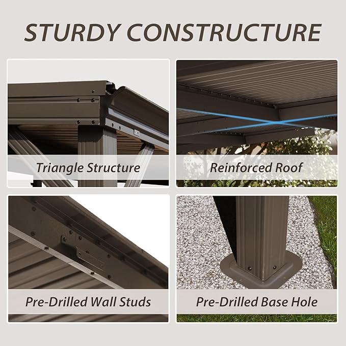 Domi 10'x14' Hardtop Wall Mounted Gazebo, Expandable Lean to Gazebo Pergola with Gutters & Galvanized Steel Roof, 60MPH Wind Resistance Outdoor Heavy Duty Canopy Sun Shade for Patio, Backyard - Brown