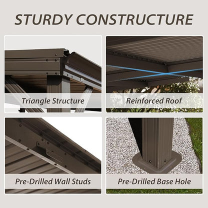 Domi 10'x14' Hardtop Wall Mounted Gazebo, Expandable Lean to Gazebo Pergola with Gutters & Galvanized Steel Roof, 60MPH Wind Resistance Outdoor Heavy Duty Canopy Sun Shade for Patio, Backyard - Brown