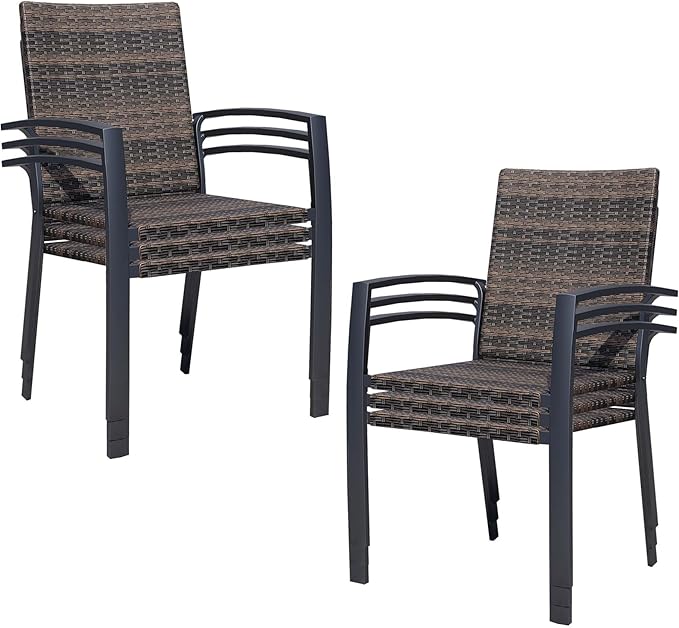 Outdoor Dining Chairs Set of 6, Stackable Patio Chairs with Woven Rattan Back & Seat, Perfect for Patio, Garden, or Deck, Rattan Gray Brown