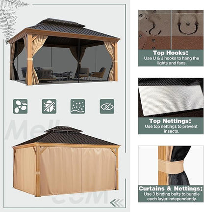 MELLCOM 12' x 14' Hardtop Gazebo, Wooden Finish Coated Aluminum Frame Gazebo with Galvanized Steel Double Roof, Outdoor Permanent Metal Pavilion with Curtains and Nettings for Patio, Lawn & Garden