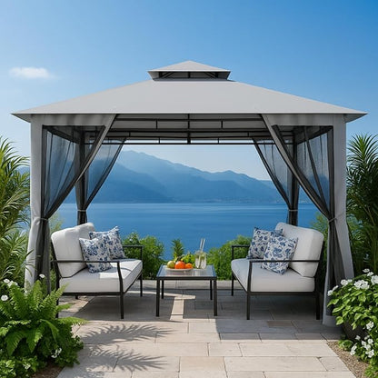 COBIZI Gazebo 10x10 Heavy Duty Gazebos with Improved Nettings Outdoor Gazebo Double Roof Patio Gazebos with Metal Steel Frame Outdoor Canopy for Patio, Deck, Backyard (Gray)