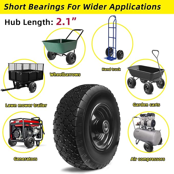 12'' Flat Free Tires Rubber Replacement Solid Tire, 2.1" Offset Hub Wheel Assemblies for Garden Cart Wheelbarrow, 3.5" Wide Polyurethane Tires with 5/8 Inch Axle Bore Hole (410/350-6)