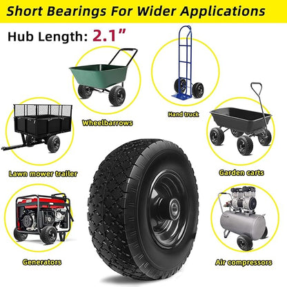 12'' Flat Free Tires Rubber Replacement Solid Tire, 2.1" Offset Hub Wheel Assemblies for Garden Cart Wheelbarrow, 3.5" Wide Polyurethane Tires with 5/8 Inch Axle Bore Hole (410/350-6)