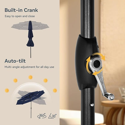 PHI VILLA 10ft Patio Umbrella with Light, Outdoor Large Auto-Tilt 3 Tier Market Table Umbrellas with 8 Sturdy Ribs and 1.5" Pole for Lawn Poolside Garden Terrace,Navy Blue