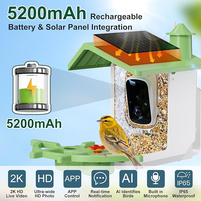 Smart Bird Feeder with Camera, AI Identify & Auto Capture, 2K HD Live Video Bird House with Camera, Instant Arrival Alerts, Cloud Storage Videos, Ideal Gift for Bird Lovers