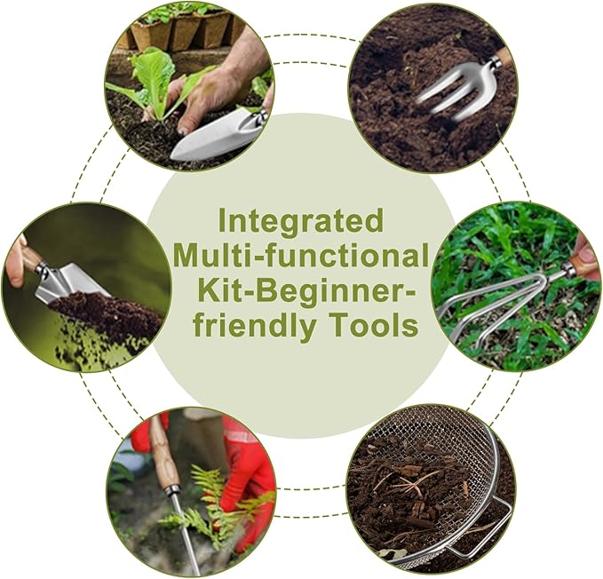 Sand Soil Compost Sifter 1/4 Inch Mesh,Garden Tool Set,Stainless Steel Tools with Organizer Bag,Gardening Kit for Weeding, Planting, Digging,Gardening Gifts for Women Novice Gardener