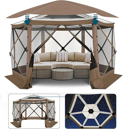 COBlZl Pop Up Gazebo 12x12 Screen House Tent for Camping, Outdoor Instant Stargazing Gazebo Canopy with Awning 2.0, Portable Hub Tent with Mosquito Netting, Pavilion for Backyard,Brown