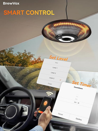 Carbon Infrared Outdoor Patio Hanging Heater with LED Night Light, Smart App-Controlled Remote On/Off, 24H Timer for Living Room, Bedroom, Garage