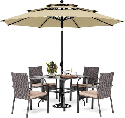 PHI VILLA 5 Pieces Outdoor Dining Set with Umbrella for 4, 37" Square Metal Dining Table & 4 Cushioned Wicker Rattan Chairs with 10ft Beige Umbrella for Patio, Deck, Yard, Porch