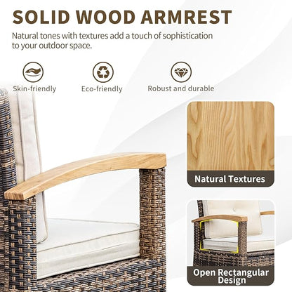 MEISSALIVVE 10 Pieces Outdoor Patio Furniture Sets,PE Wicker Patio Conversation Sets with 4 Wood Armrests Swivel Rocker Chairs，2-seat Sofa and Coffee Table(Brown)