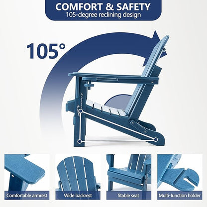 Folding Adirondack Chair, HDPE Outdoor Texture Lawn Chair with Reclining Back, Cup and Phone Holder - Comfortable Firepit Chair Weather Resistant for Patio or Backyard (Blue, Set of 2)