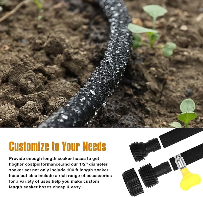 Soaker Hose 100ft for Garden Beds Solid Brass Interface Irrigation Save 70% Water Heavy Duty Rubber 1/2" Diameter Great for gardens/flower beds Accessories Contain Various Connections