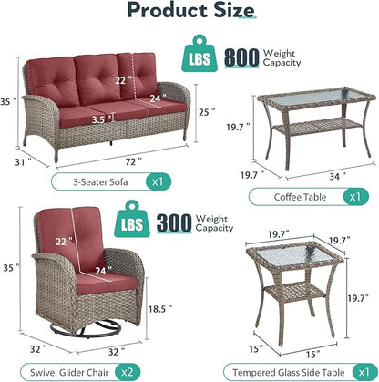 5 Piece Patio Furniture Set - Wicker Patio Conversation Set with Swivel Glider, 3 Seat Sofa, Tempered Glass Side Table and Coffee Table for Deck Backyard - Grey Wicker Red Cushion