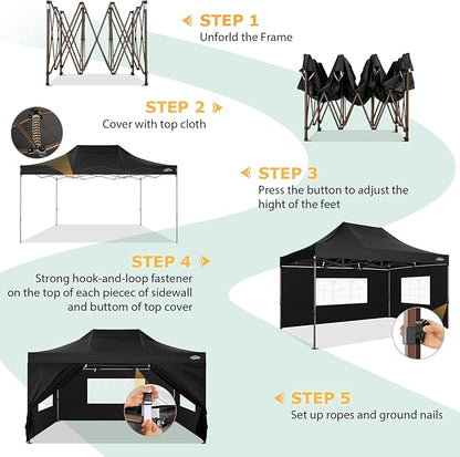 COBIZI 10x15 Pop Up Heavy Duty Canopy with 4 Sidewalls and Hexagonal Legs, Easy up Tent for Parties, Commercial and Wedding, Outdoor Canopy with Roller Bag, Sand Bags, Waterproof & UPF50+ (Black)