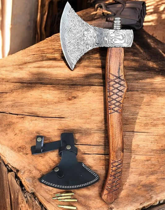 AX-7000 Custom Gift Forged Damascus Steel Vintage Axe with Rose Wood Shaft, Viking Bearded Camping Axe (AX-7000) (AX-8194)