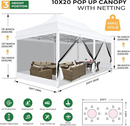 COBIZI 10x20 Heavy Duty Pop Up Canopy Tent with 6 Sidewalls, Commercial Gazebo Party Tent with Mosquito Netting Wall Easy Set Up Outdoor Instant Screen Tent for Backyard, Patio, Garden, White