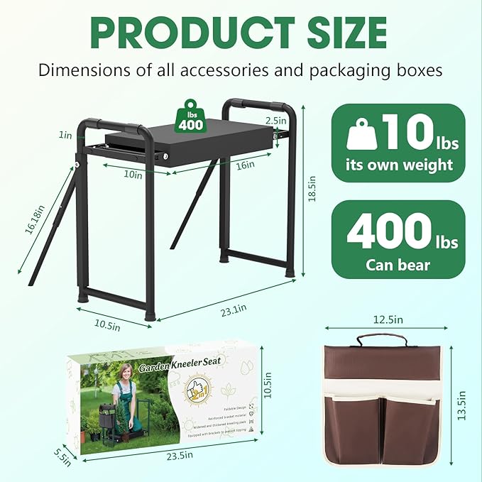 Heavy Duty Garden Kneeler and Seat for Elderly, 400lbs Capacity Foldable Gardening Stool with Support Legs & Thick Pad, Includes Large Tool Organizer Bag, Black