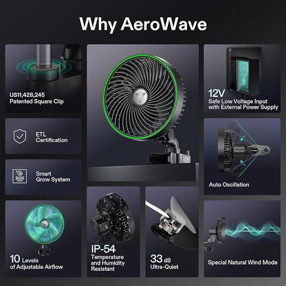 VIVOSUN AeroWave E6 Gen2, Grow Tent Clip Fan 6”, EC Motor, Smart Control, Powerful Oscillating Fan, Local Timer, Weatherproof IP54, for Hydroponics Circulation Cooling, Black