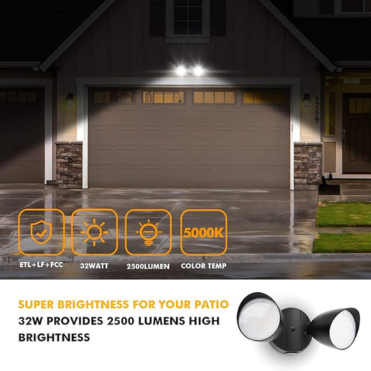 UME 2-Packs 2500 Lumen 32 Watt 28 LED Dual-Head Floodlight Outdoor, Full Metal Design, Waterproof Exterior Security Wall Light 5000K for Patio, Garden, Yard-Black